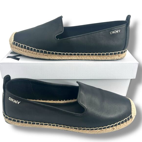 DKNY Black Leather Espadrille Flats Size 10 Slip On Loafers Coastal Classic EUC - Picture 2 of 11